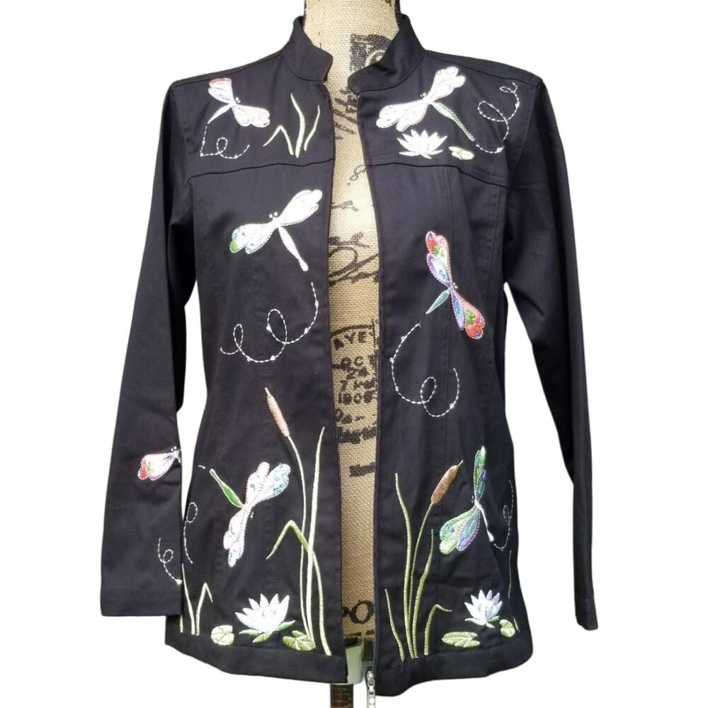 Black Dragonfly Jacket Quacker Factory Embroidered Size S Stretch Cotton Zip